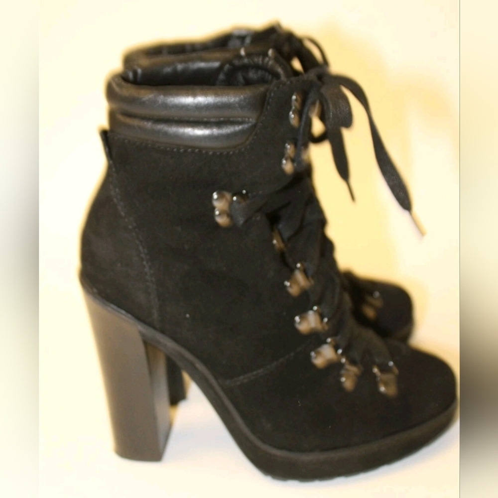 Coach Carol 7.5 Suede Lace Up High Heeled Lugg Soles Moto Ankle Boots - Picture 4 of 11